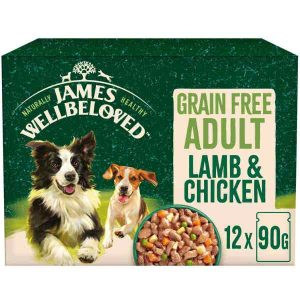 James Wellbeloved Grain Free Adult Dog Wet Food - Lamb and Chicken with Veg in Gravy 12x90g Pouches